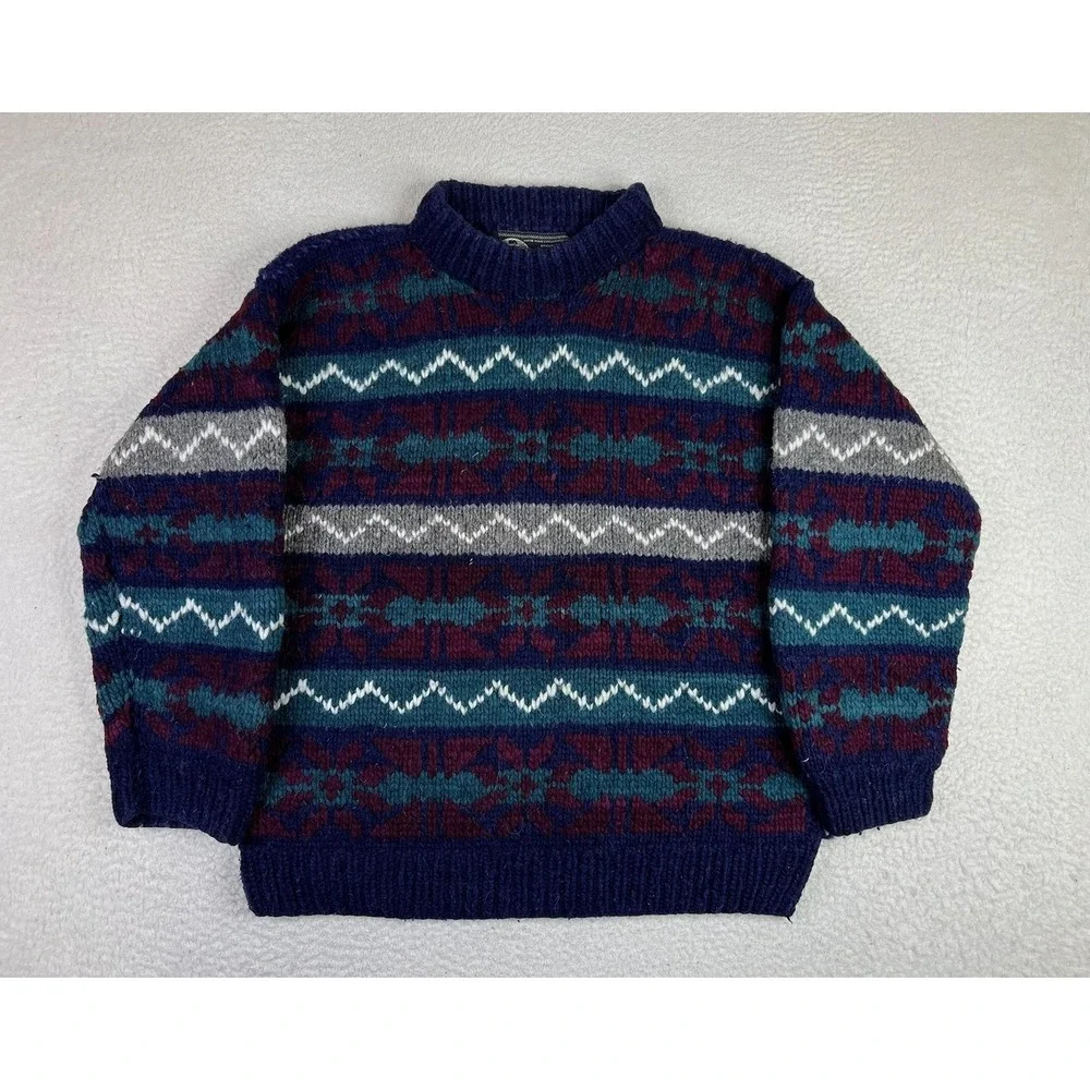 Native American Blue Wool Sweater Winter Warm Knit Fair Isle Ecuador